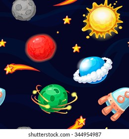 Seamless pattern with cartoon rocket and fantastic planets, vector space texture