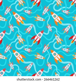 Seamless pattern with the cartoon rockets against the blue background. The layout is fully editable