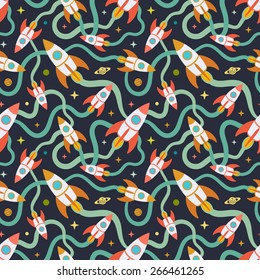 Seamless pattern with the cartoon rockets against the dark background. The layout is fully editable