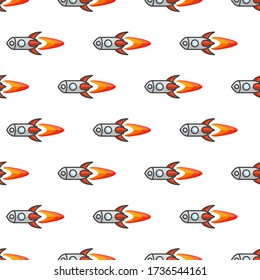Seamless pattern with cartoon rockets flying in one direction. Vector illustration of many identical rockets on a white background.
