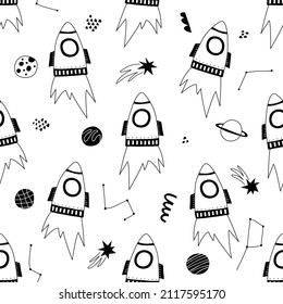 Seamless pattern with cartoon rockets in hand drawn style. Outline hand drawing. Great for textiles, stickers, cards, wallpaper, wrapping paper. Isolated on white