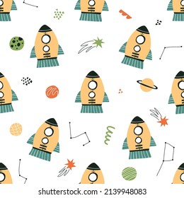 Seamless pattern with cartoon rockets in hand drawn style. Great for textiles, stickers, cards, poster, wallpaper, wrapping paper. Isolated on white background vector