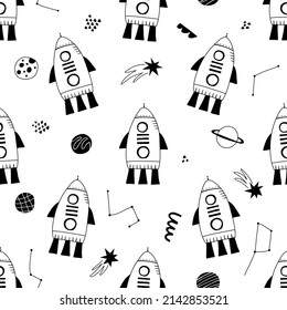Seamless pattern with cartoon rockets in hand drawn style. Outline hand drawing. Great for textiles, stickers, cards, wallpaper, wrapping paper. Isolated on white