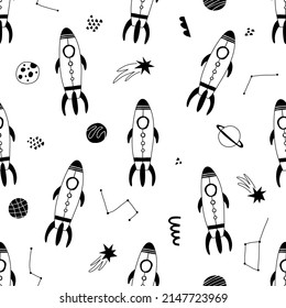 Seamless pattern with cartoon rockets in hand drawn style. Outline hand drawing. Great for textiles, stickers, cards, wallpaper, wrapping paper. Isolated on white background vector illustration