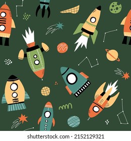 Seamless pattern with cartoon rockets in hand drawn style. Great for textiles, stickers, cards, poster, wallpaper, wrapping paper. Isolated on green background vector