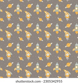 Seamless pattern, cartoon rockets and planets in doodle style. Baby print, textile, wallpaper, vector
