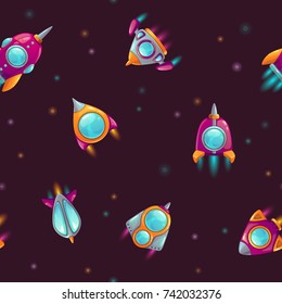 Seamless pattern with cartoon rockets and spaceships on space background. Vector cosmic illustration. Funny childish texture