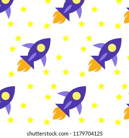 Seamless Pattern with Cartoon Rockets, Stars. Space Background for Kids. Vector 