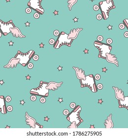 Seamless pattern with cartoon roller skates and stars for kids design