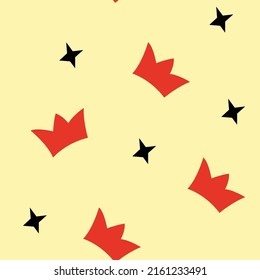 Seamless pattern with cartoon royal crowns and stars.
