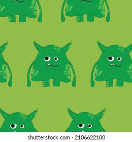 Seamless pattern of cartoon  sad green  monster  on a monochrome background. cute scary baby heroes pattern, design for kids