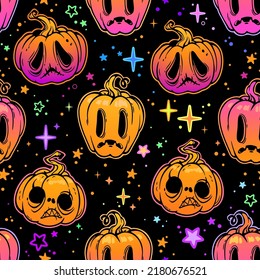 seamless pattern of cartoon sad halloween pumpkins