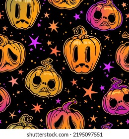 seamless pattern of cartoon sad halloween pumpkins