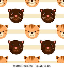 Seamless pattern cartoon safari African animal heads. Tiger and panther. Vector illustration.