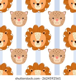 Seamless pattern cartoon safari African animal heads. Lion and cheetah. Vector illustration.