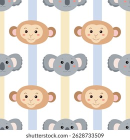  Seamless pattern cartoon safari African animal heads. Koala and monkey. Striped background. Vector illustration.