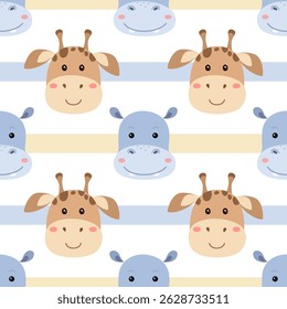 Seamless pattern cartoon safari African animal heads. Giraffe, hippo. Striped background. Vector illustration.