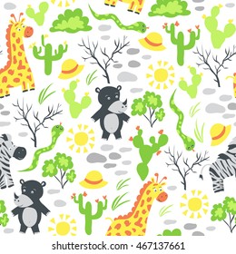Seamless pattern with cartoon safari animals and plants. Baby kid african design background with smile giraff, zebra and rhinoceros. Vector illustration 