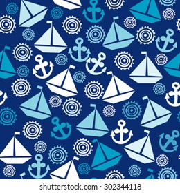 Seamless pattern with cartoon sail boats, anchors and stylized sun, background for boy kids