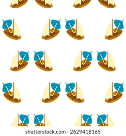 Seamless Pattern with Cartoon Sailboats. Repeating pattern of brown sailboats with yellow and blue sails on white background in playful style.