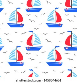Seamless pattern with cartoon sailboats. Vector illustration.
