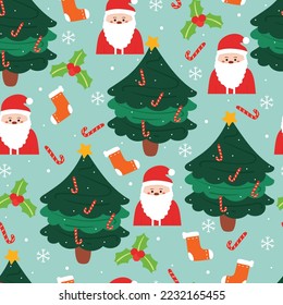 nahtlose Muster Cartoon santa und Weihnachtsbaum. süße Weihnachtsmütze für Geschenkpapier