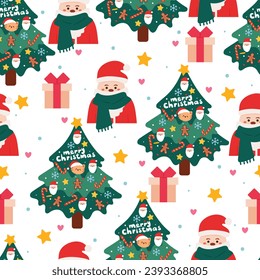 seamless pattern cartoon Santa with Christmas tree and element. Cute Christmas wallpaper for card, gift wrap paper