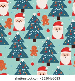 seamless pattern cartoon santa claus with gingerbread and christmas tree. cute christmas wallpaper for fabric print, gift wrap paper