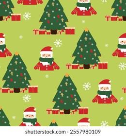 Seamless pattern cartoon santa claus wearing a green scarf and tree christmas. cute christmas and winter wallpaper for fabric print, gift wrap paper