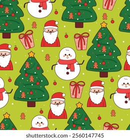 seamless pattern cartoon santa claus and christmas tree. cute christmas wallpaper for fabric print, gift wrap paper