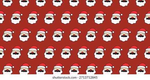 Patrón sin fisuras de caras de Santa Claus de dibujos animados con sombreros y barbas, repitiendo sobre un fondo rojo sólido.