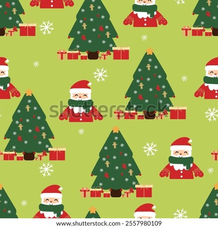 Seamless pattern cartoon santa claus wearing a green scarf and tree christmas. cute christmas and winter wallpaper for fabric print, gift wrap paper