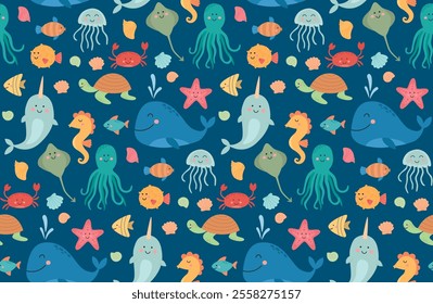 Seamless pattern with cartoon sea animals and shells. Flat background of cute ocean characters. 