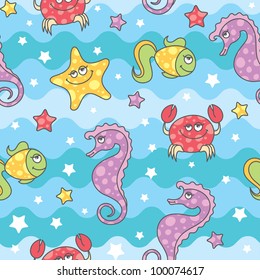 seamless pattern of cartoon sea creatures, vector