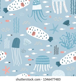 Seamless pattern with cartoon sea creatures. Creative undersea childish texture. Cute texture for fabric, wrapping, textile, wallpaper, apparel. Darc blue background.
