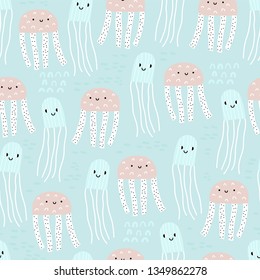 Patrón sin foco con dibujos animados de criaturas marinas. Textura infantil creativa bajo el mar. Textura de corte para tela, envoltura, textil, papel pintado, ropa.