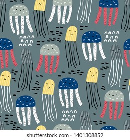 Seamless pattern with cartoon sea creatures. Creative undersea childish texture. Cute texture for fabric, wrapping, textile, wallpaper, apparel.