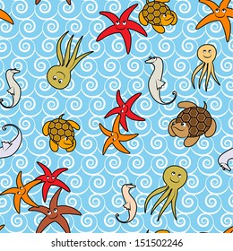 Seamless pattern of cartoon sea creatures. Turtle, octopus, starfish, seahorse. Vector illustration 