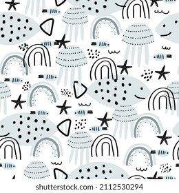Seamless pattern with cartoon sea creatures. Creative undersea childish texture. Cute texture for fabric, wrapping, textile, wallpaper, apparel. Scandinavian style.