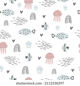 Seamless pattern with cartoon sea creatures. Creative undersea childish texture. Cute texture for fabric, wrapping, textile, wallpaper, apparel. Scandinavian style.