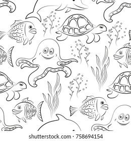 Seamless Pattern, Cartoon Sea Creatures, Dolphin, Fish, Turtle, Octopus and Algae Black Contours Isolated on White Tile Background. Vector