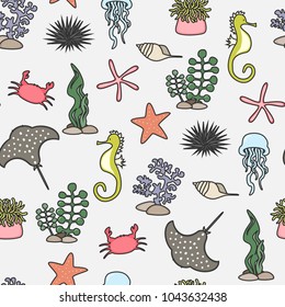 Seamless pattern with cartoon sea life animals. Underwater background. Vector illustration.