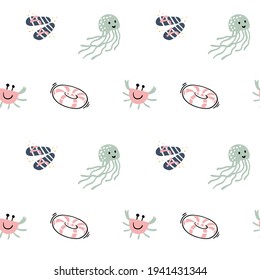 Seamless pattern with cartoon sea objects and live animals. inflatable circle, flip-flops. Crab, jellyfish. Underwater background. Vector illustration.