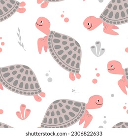 Seamless pattern with cartoon sea turtles. Endless background with cute marine turtles. Vector. 