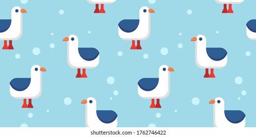 seamless pattern with cartoon seabird and bubbles on a light blue background. cartoon flat design of gull. Marine theme. for packaging, paper, fabric. print for clothes