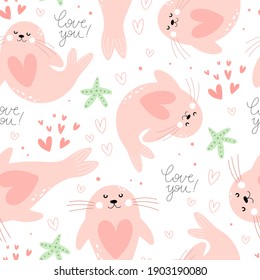 Seamless pattern with cartoon seal. Colorful vector flat style. hand drawing. valentines day. Romantic design for print, wrapper, fabric.