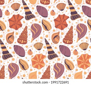 Seamless pattern with cartoon seashells with sand and doodle ornament in beige tone. Flat texture with ocean inhabitants with boho ornaments. Vector wallpaper with molluscs, shells and snails