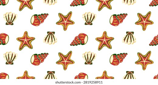 Seamless pattern with cartoon seashells, starfish, and sea shells isolated on white background. Flat style. Vector illustration