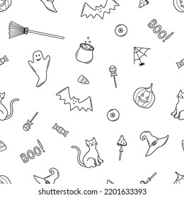 Seamless Pattern Cartoon set of Halloween icons, vector doodle illustration, holiday elements day of the dead
