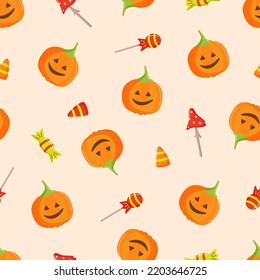 Seamless Pattern Cartoon set of Halloween icons, vector doodle illustration, holiday elements day of the dead
